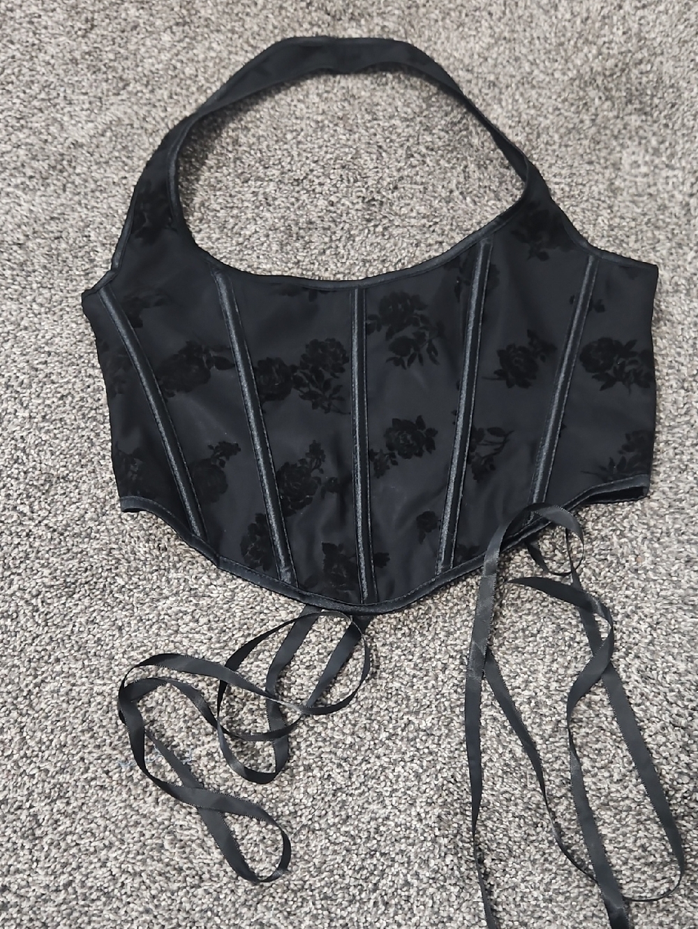 Black Floral Satin Corset Halter Top